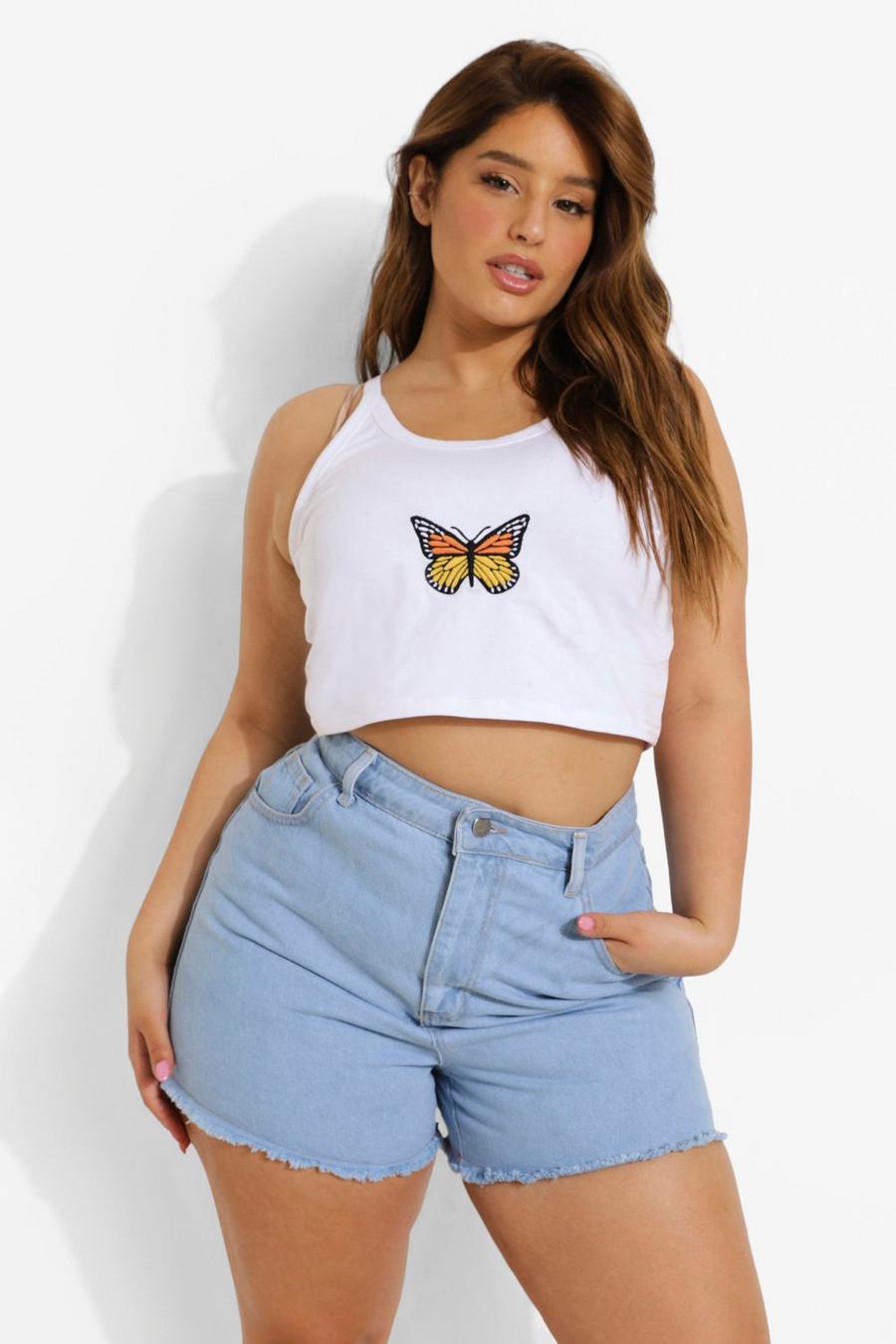 White Plus Butterfly Embroidered Racer Tank Top image number 1