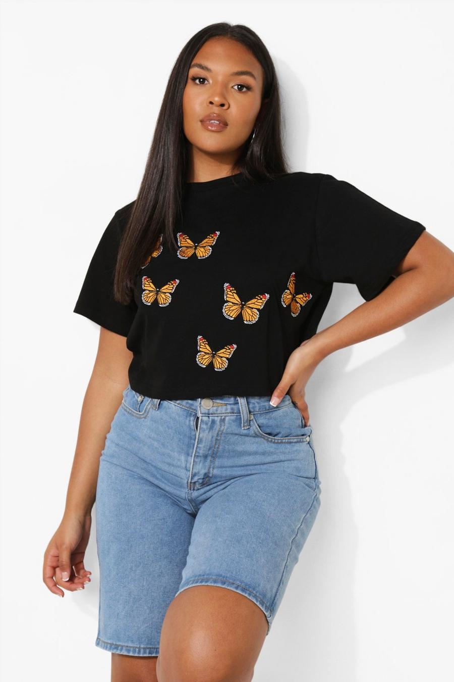 Black Plus Butterfly Embroidered Crop T-shirt image number 1