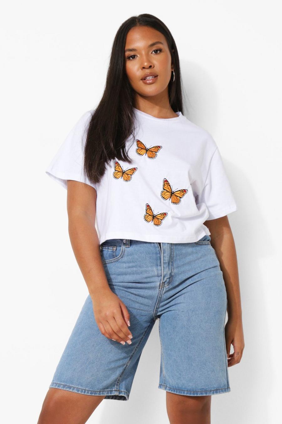 Plus kurzes T-Shirt mit Schmetterlings-Stickerei, White image number 1