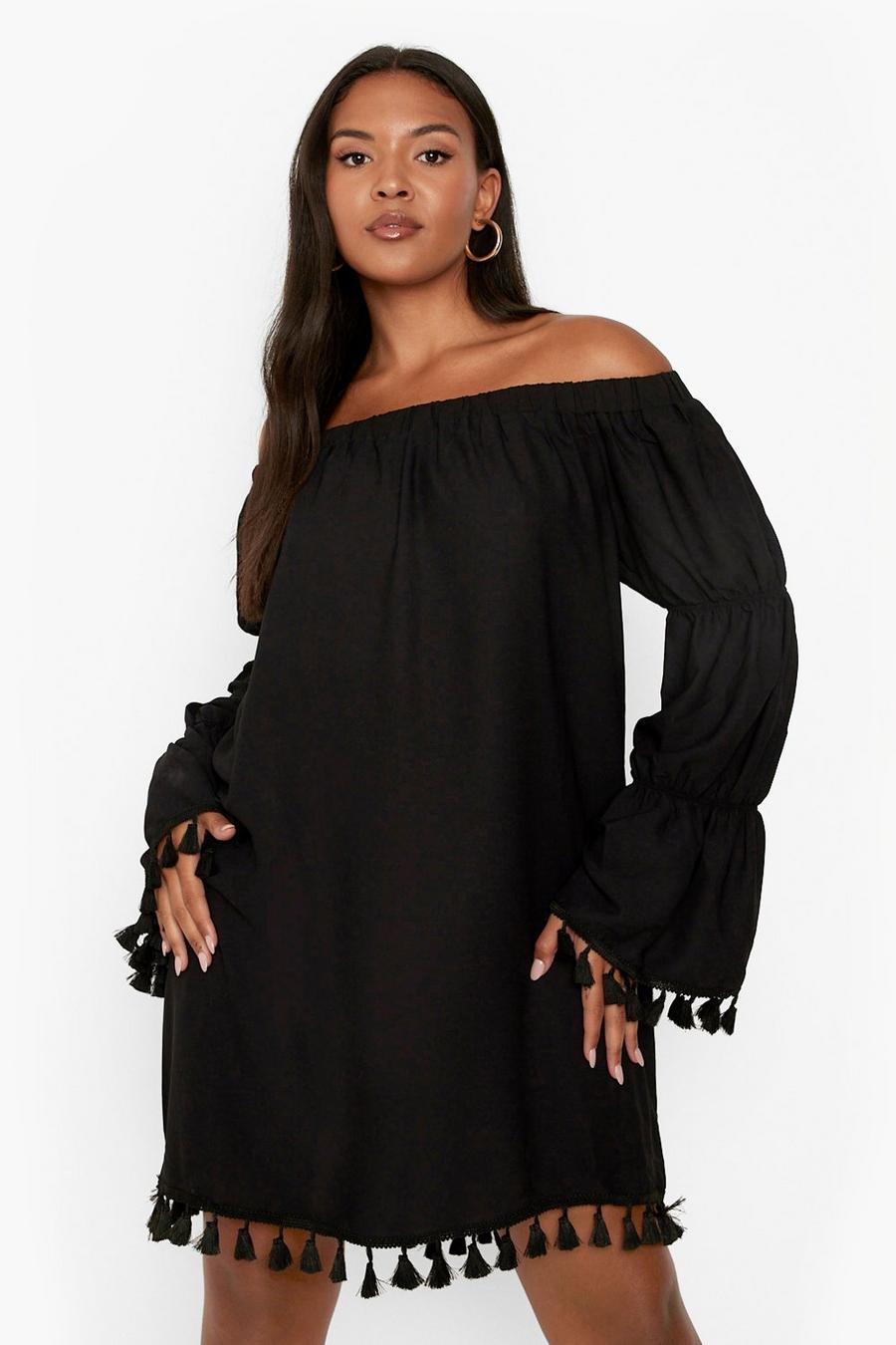 Black Plus Bardot Long Sleeve Tassel Shift Dress image number 1