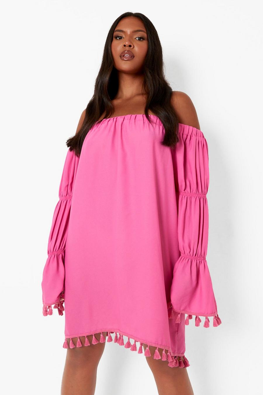 Light pink Plus Off The Shoulder Long Sleeve Tassel Shift Dress