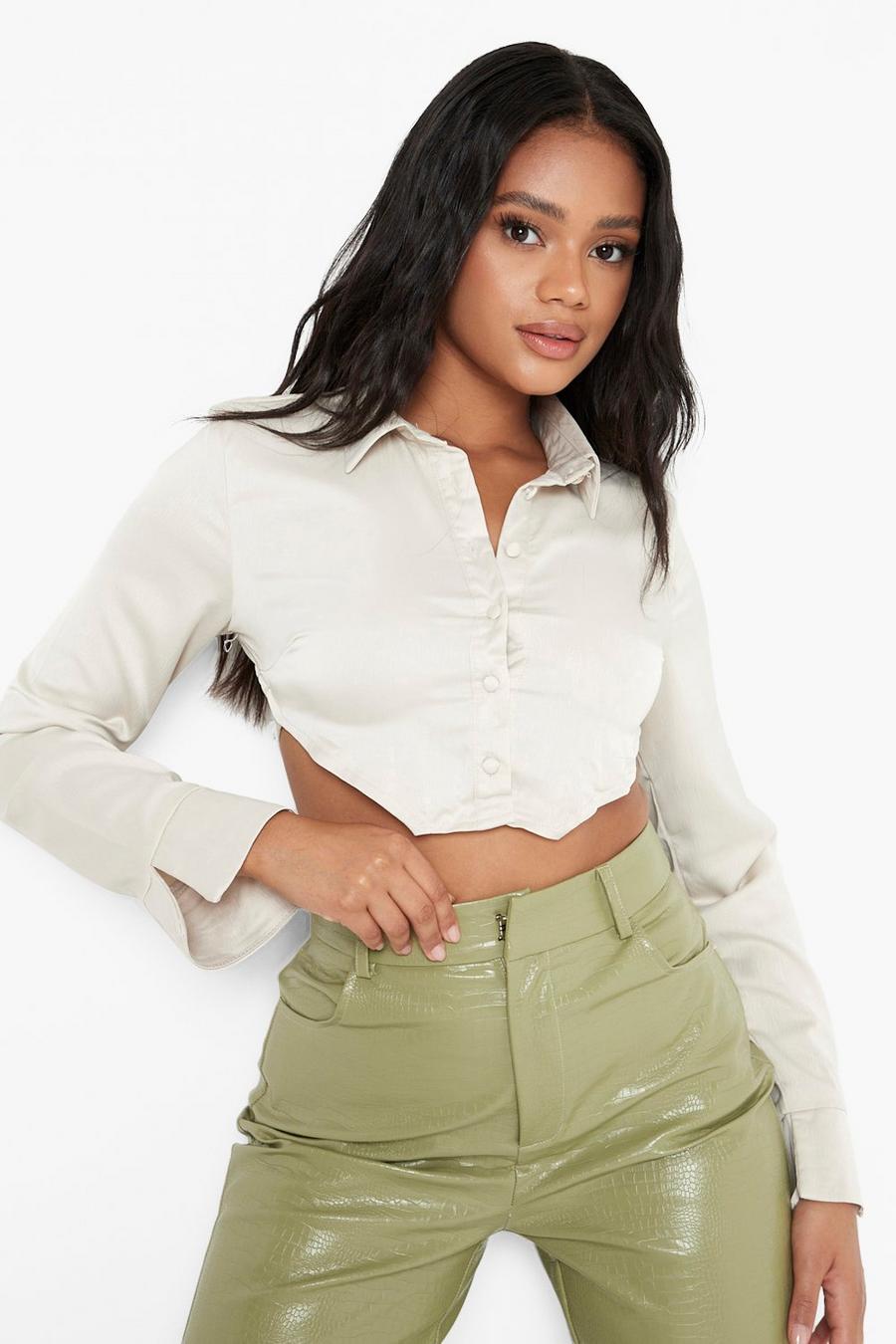 Stone Petite Tie Back Cropped Shirt image number 1