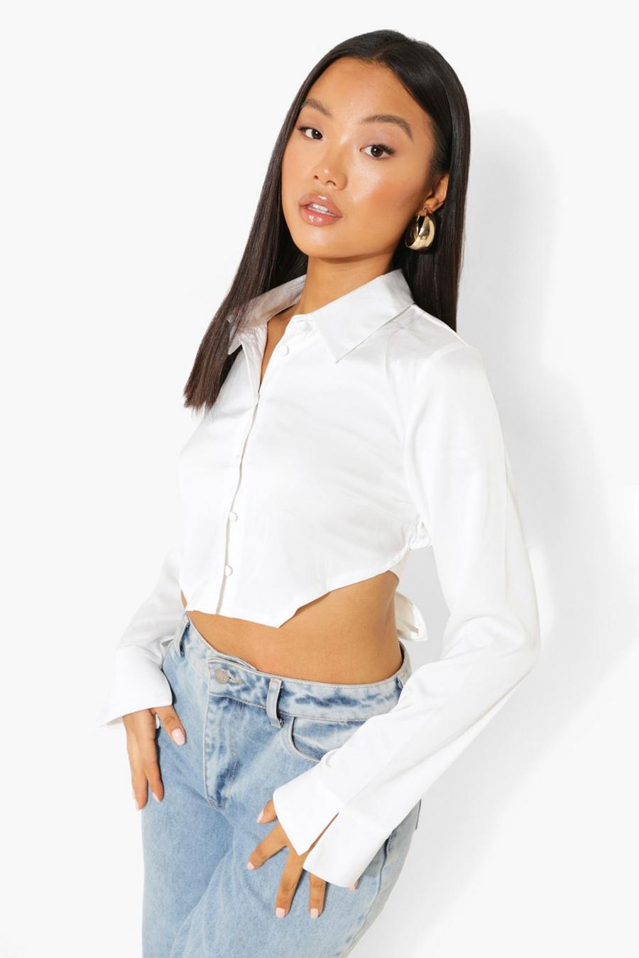 White Petite Tie Back Cropped Shirt image number 1