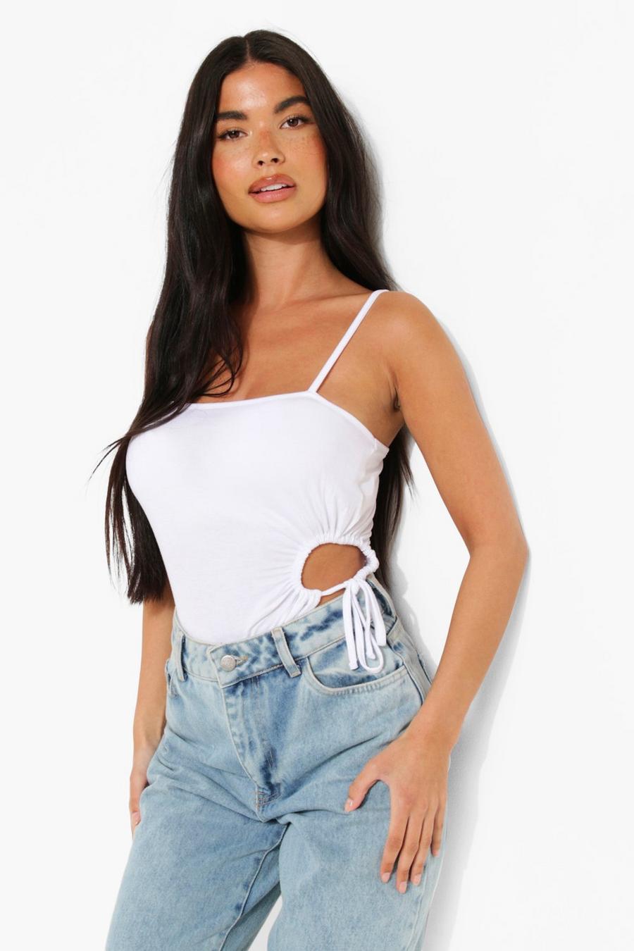 White Petite Ruched Cut Out Strappy Bodysuit image number 1