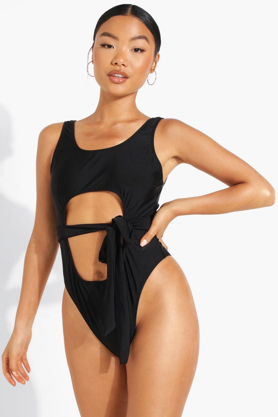 Black Petite Scoop Cut Out Belted Swimsuit image number 1