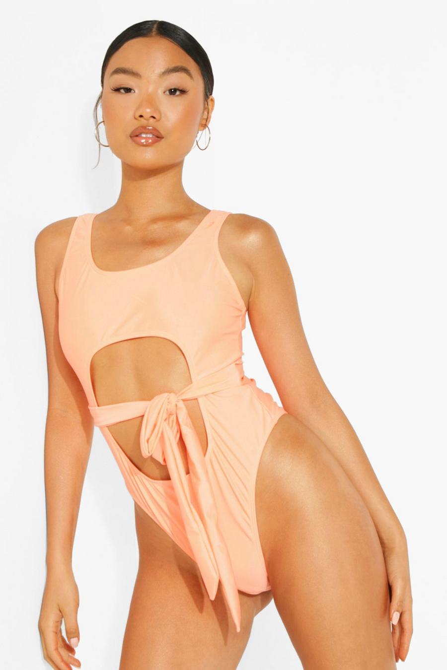 Coral Petite Scoop Cut Out Belted Swimsuit image number 1