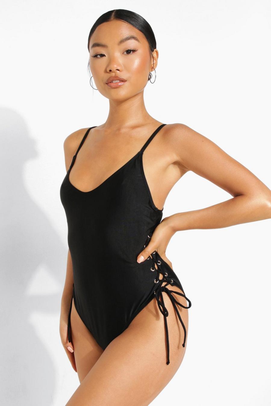 Black Petite Lace Up Scoop Swimsuit image number 1