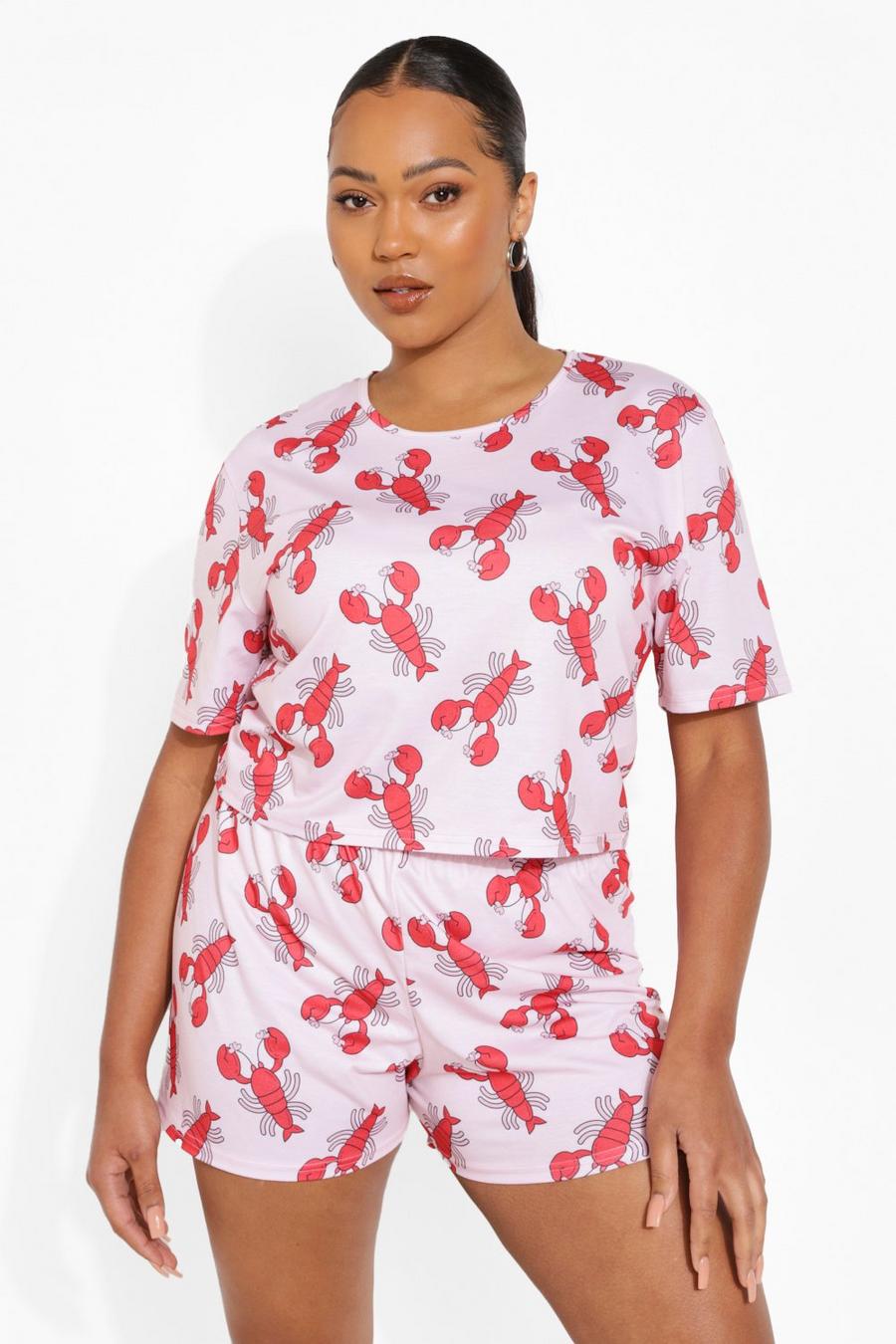 Set pigiama Plus Size top & pantaloncini con aragoste stampate, Pink image number 1
