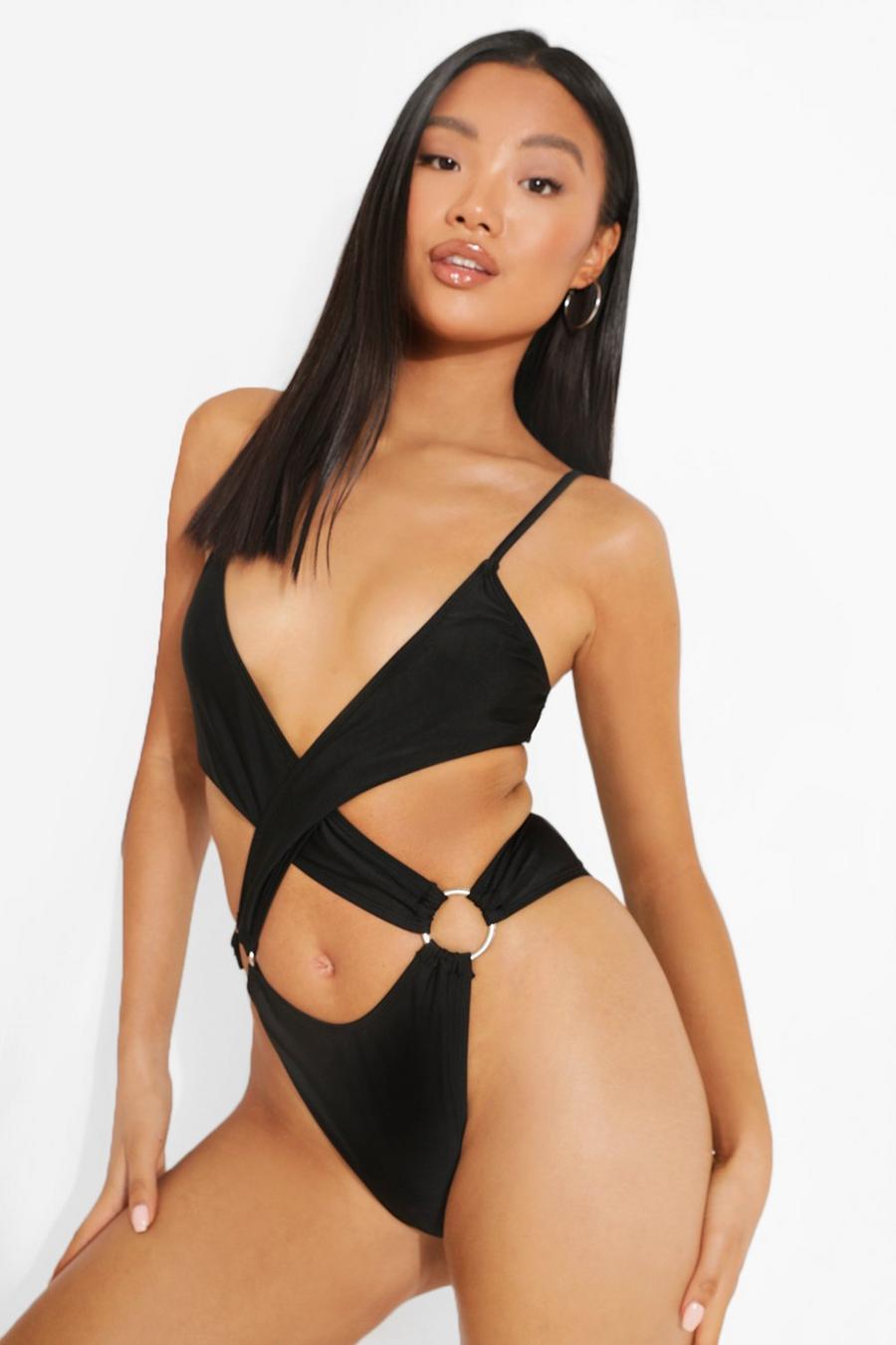 Black Petite Plunge Cut Out Swimsuit image number 1