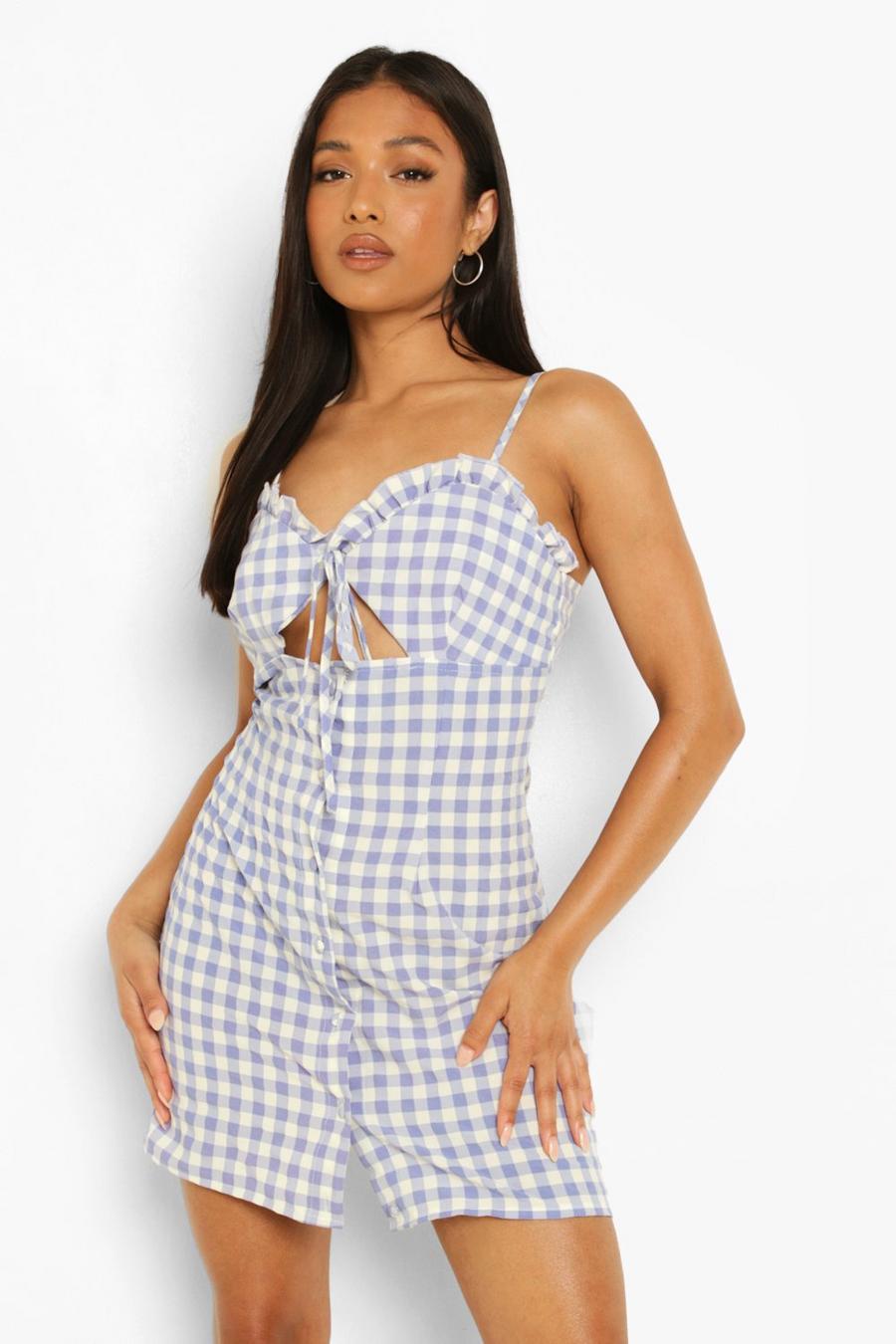 Light blue Petite Woven Gingham Ruffle Tie Front Dress image number 1