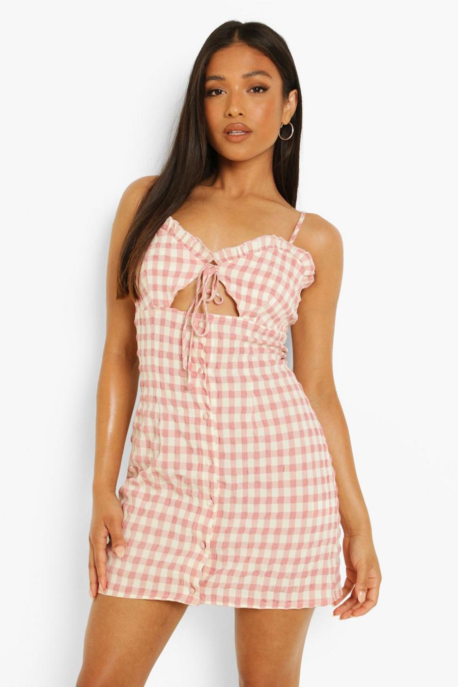 Light pink Petite Woven Gingham Ruffle Tie Front Dress image number 1