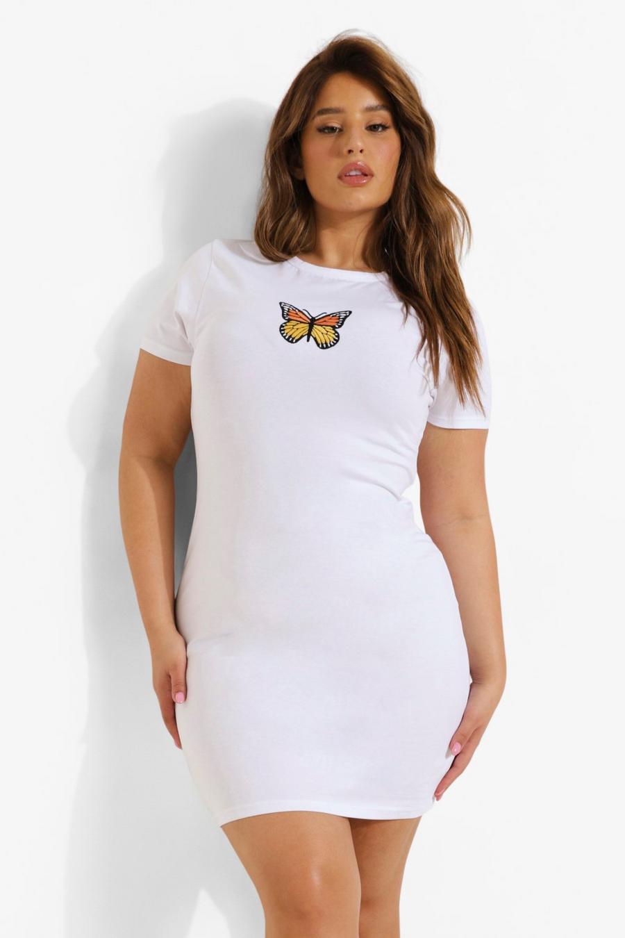 Vestido camiseta Plus con mariposa bordada, White image number 1
