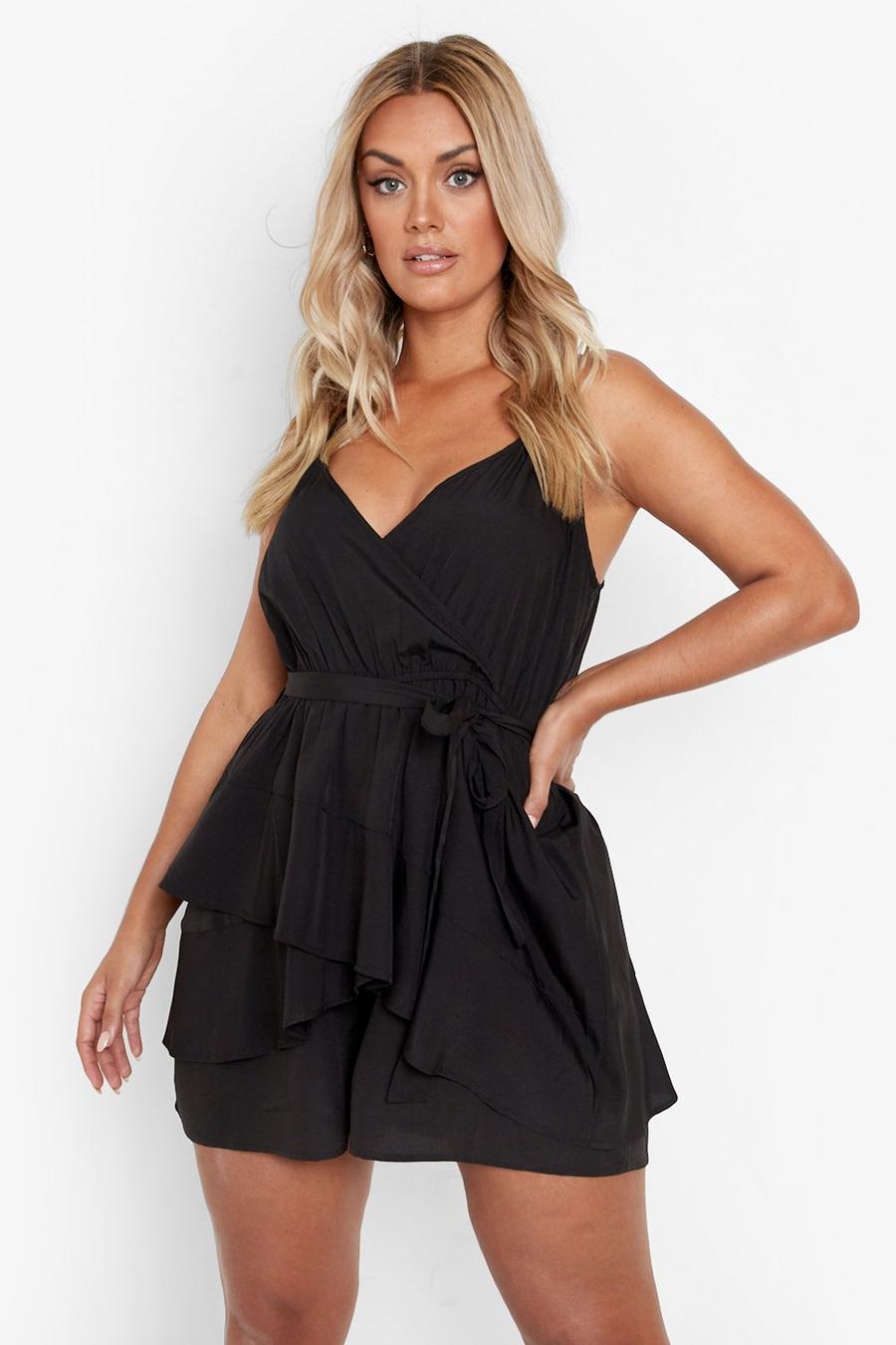 Black Plus Woven Ruffle Wrap Playsuit image number 1