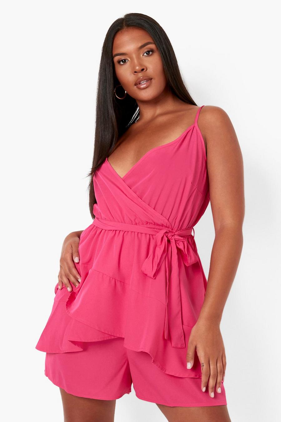 Hot pink Plus Woven Ruffle Wrap Playsuit image number 1
