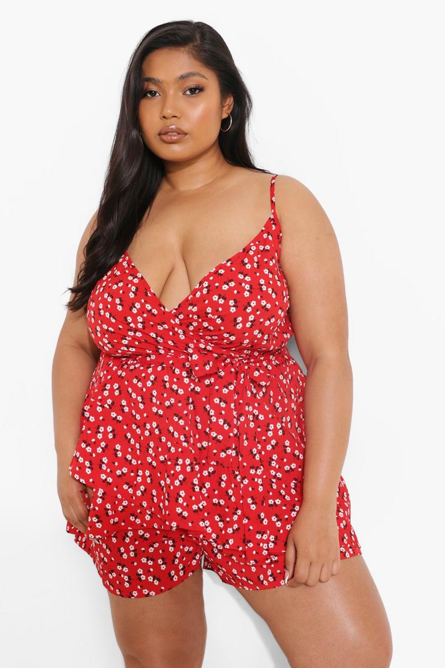 Red Plus Woven Ditsy Floral Ruffle Wrap Romper image number 1