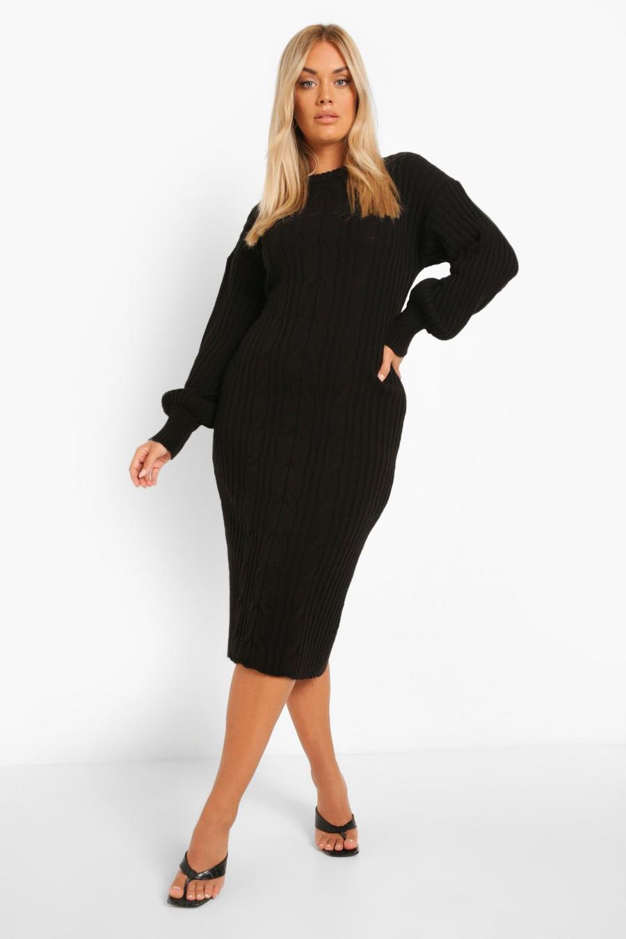 Vestito midi Plus Size in maglia intrecciata con maniche a palloncino, Black image number 1