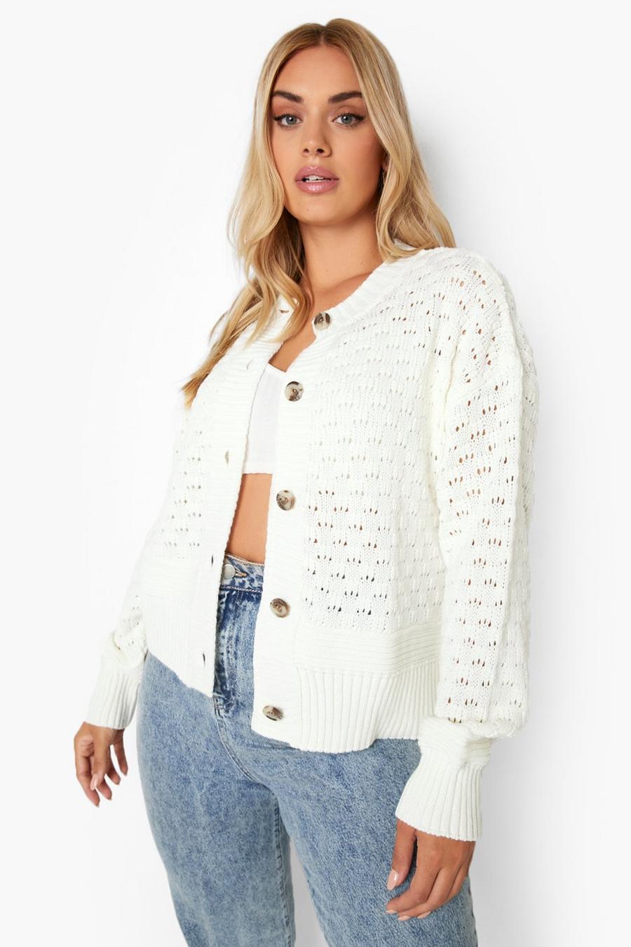 Cardigan Plus Size a girocollo in maglia, Ivory image number 1