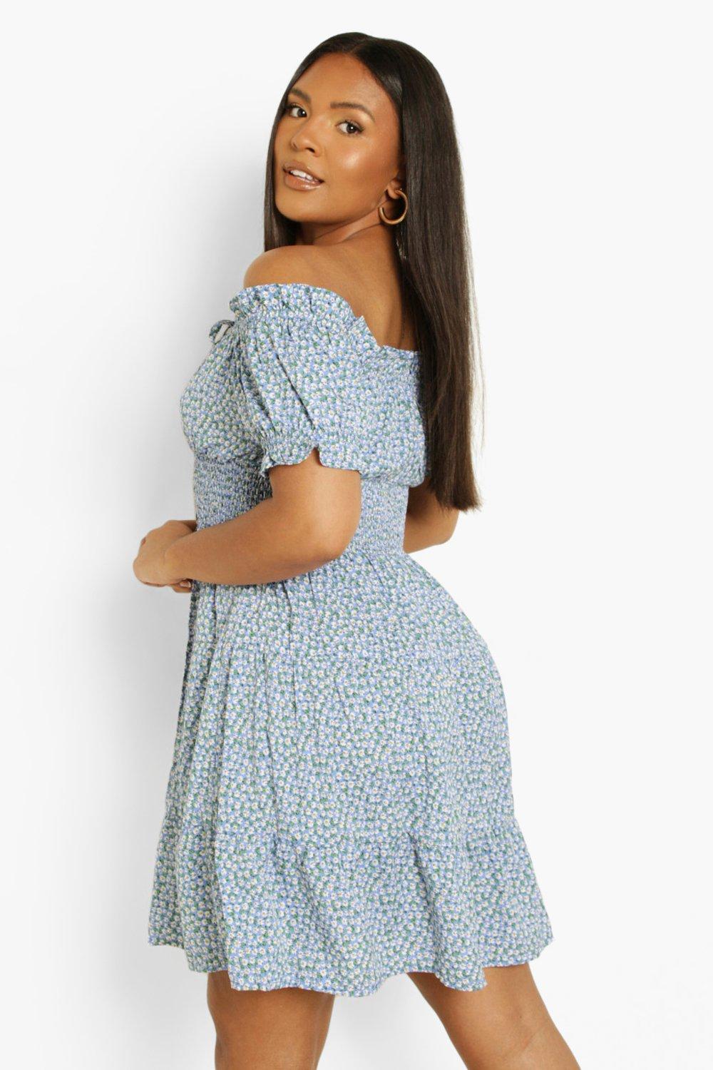 Boohoo off shoulder skater shop dress in green ditsy floral