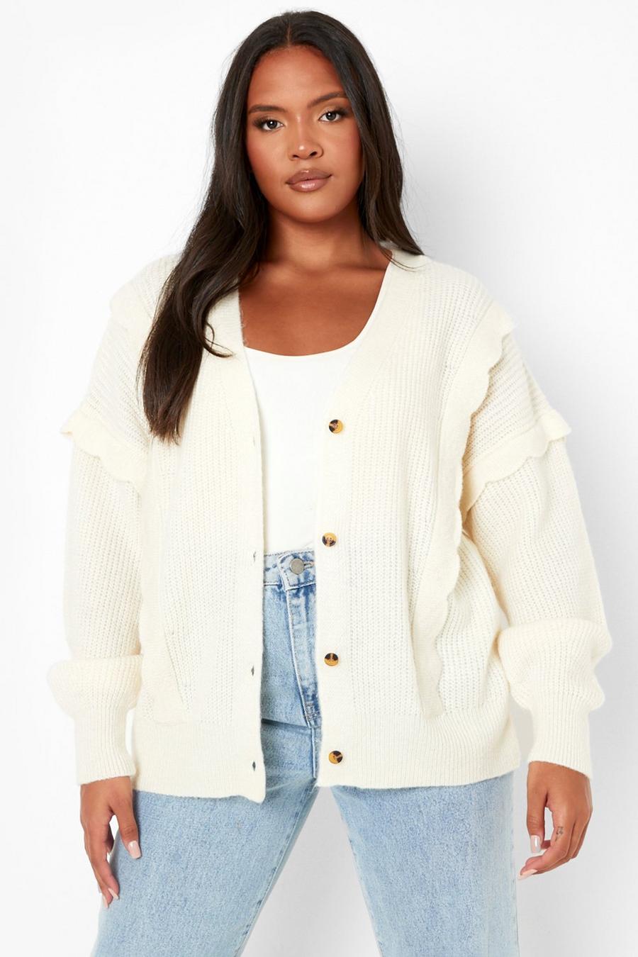 Ivory Plus Scallop Ruffle Detail Cardigan image number 1