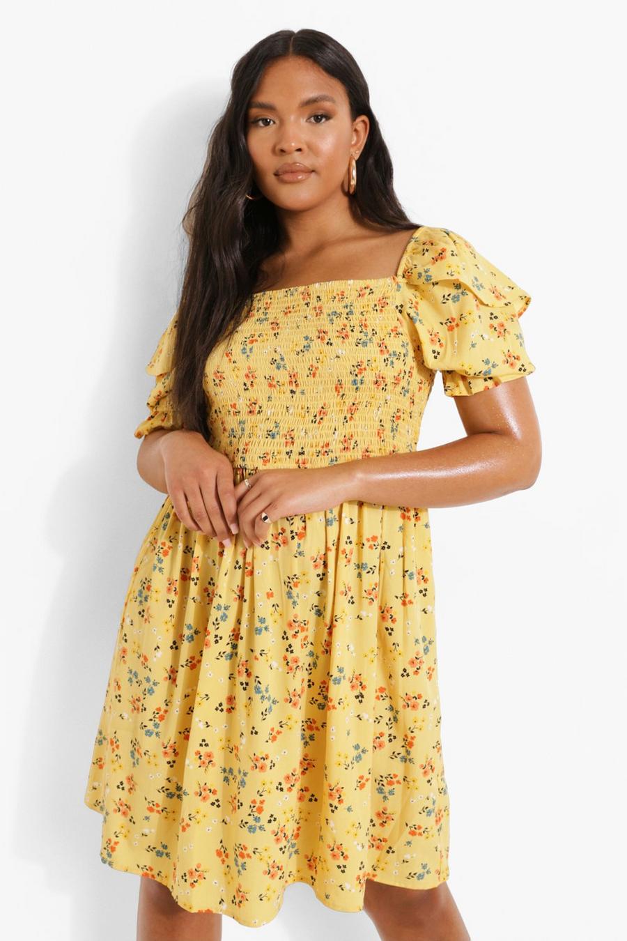 Plus florales, gerafftes Skater-Kleid, Lemon image number 1