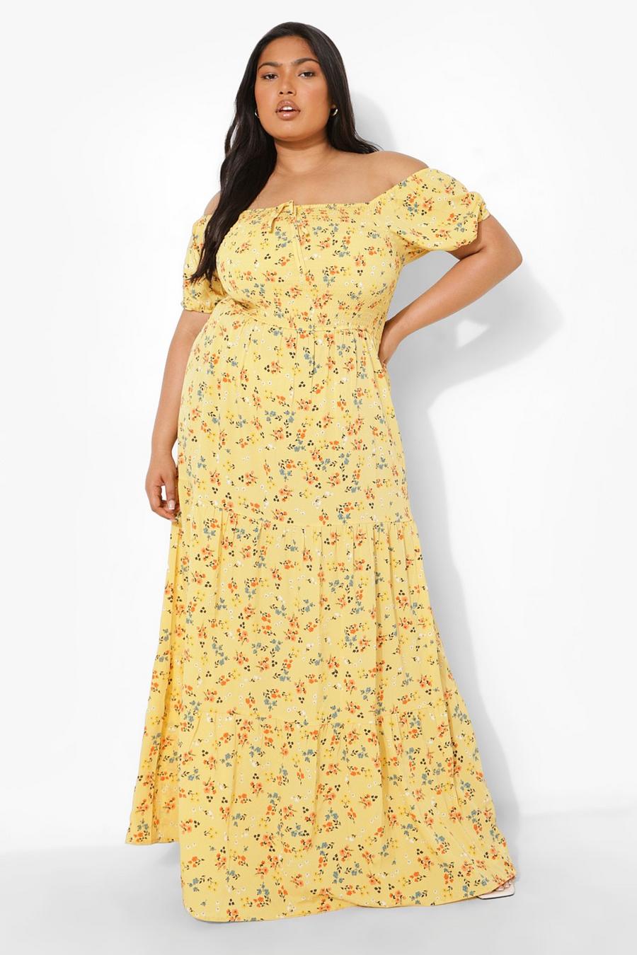 Lemon yellow Plus Off Shoulder Floral Tiered Maxi Dress image number 1
