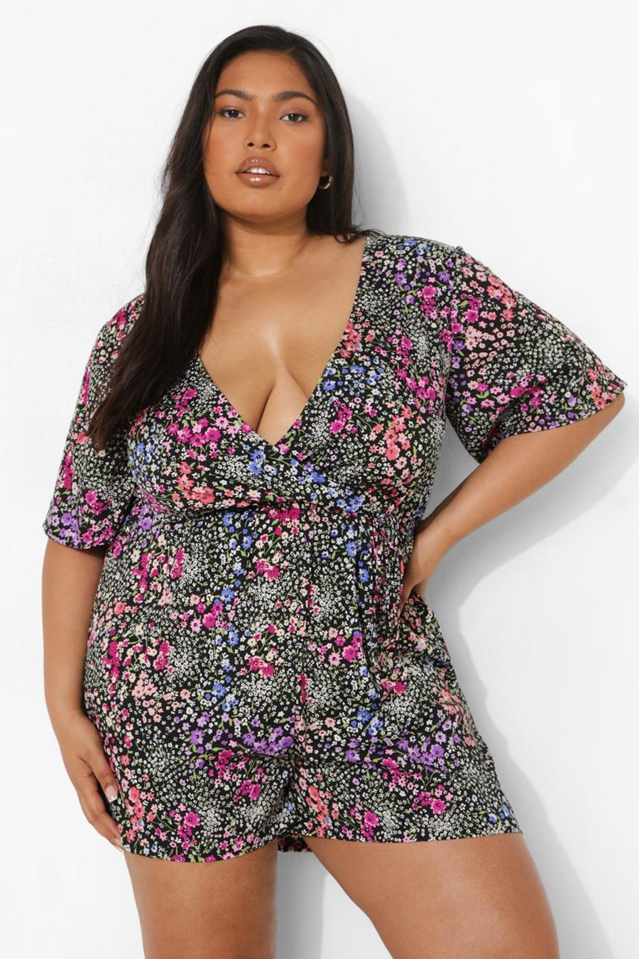 Black Plus Floral Wrap Playsuit image number 1