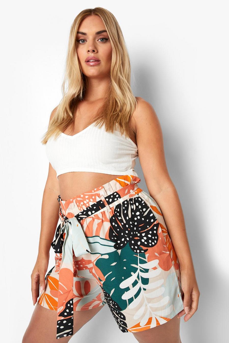 Orange Plus Woven Tropical Woven Belted Shorts image number 1