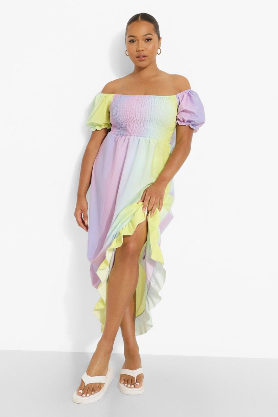 Multi Plus Woven Ombre Shirred Maxi Dress