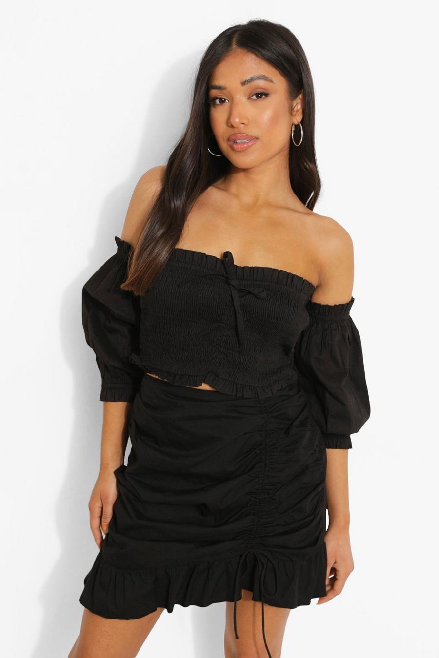 Black Petite Shirred Puff Sleeve Bardot Crop Top image number 1