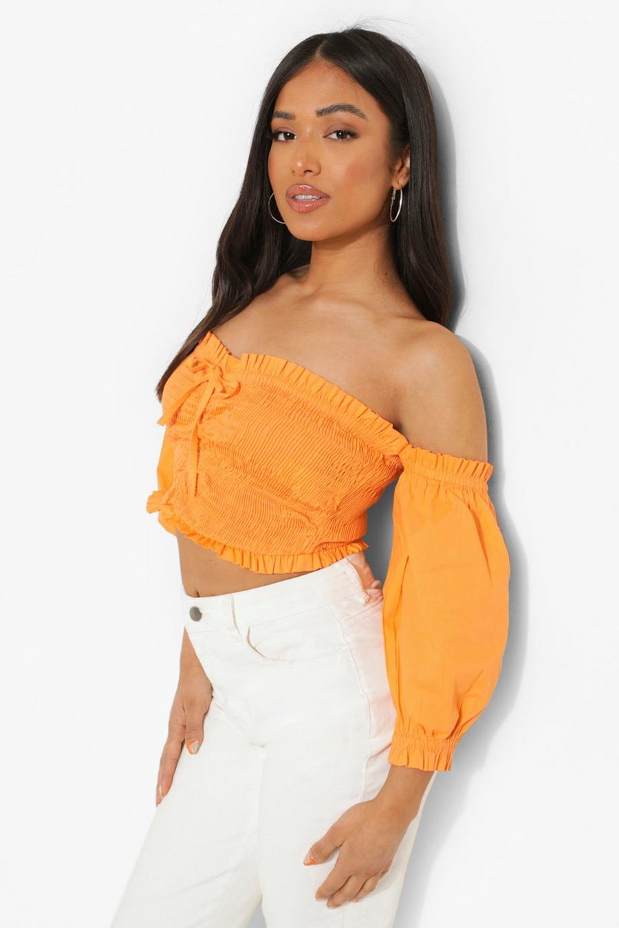 Red Petite Shirred Puff Sleeve Off The Shoulder Crop Top image number 1