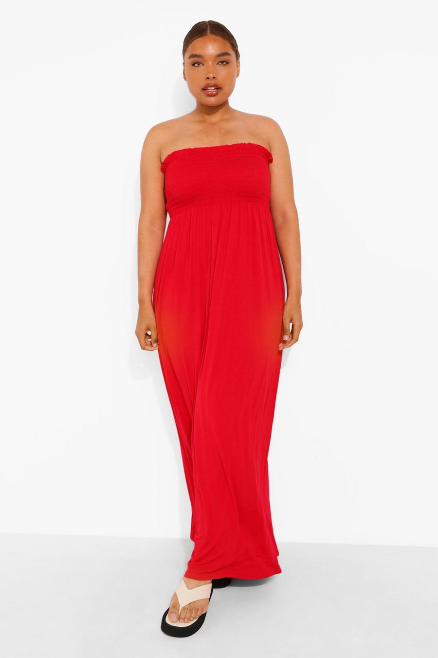 אדום שמלת מקסי בגזרת בנדו עם כיווצים, מידות גדולות  image number 1