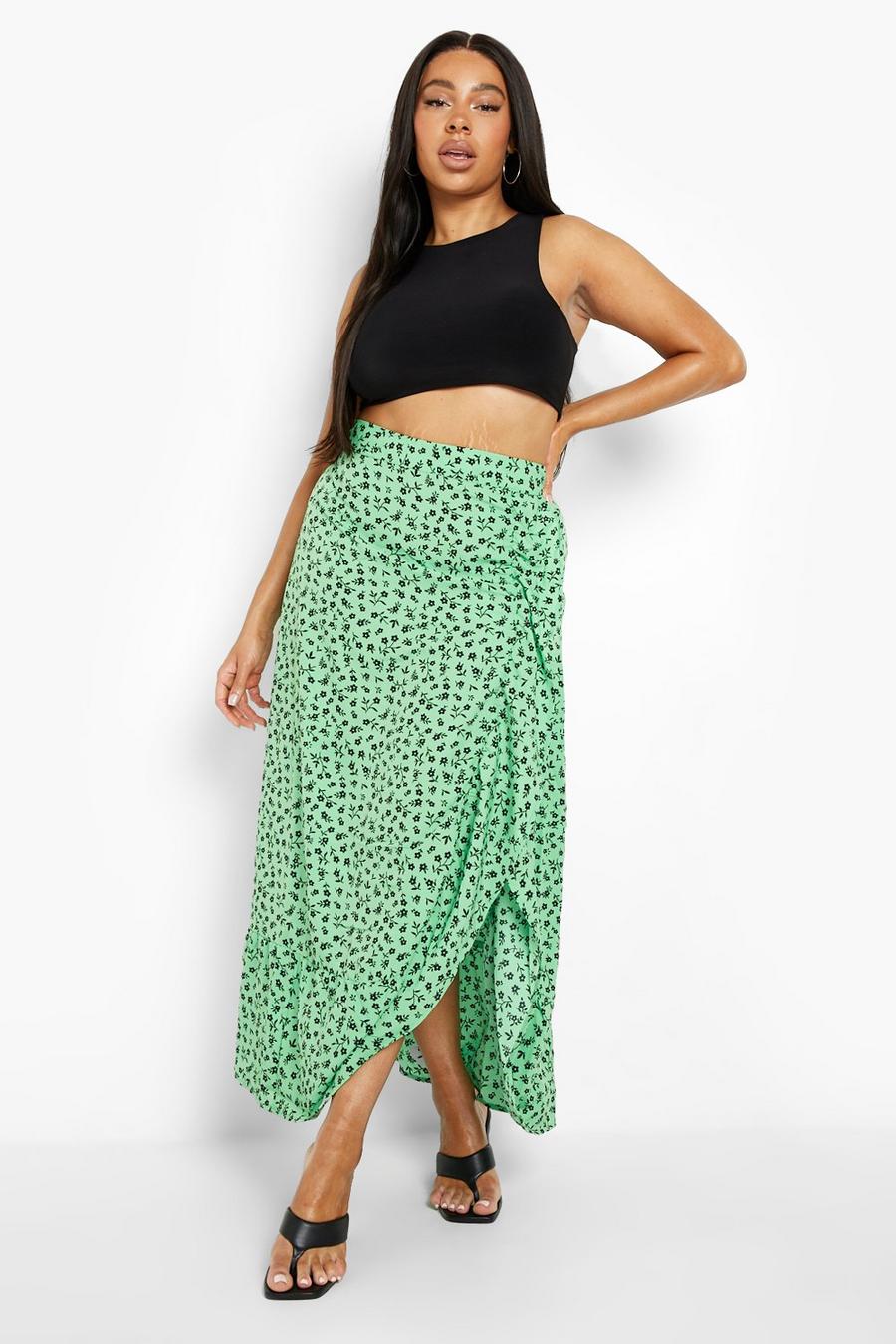 Green Plus Bright Floral Ruffle Maxi Skirt image number 1