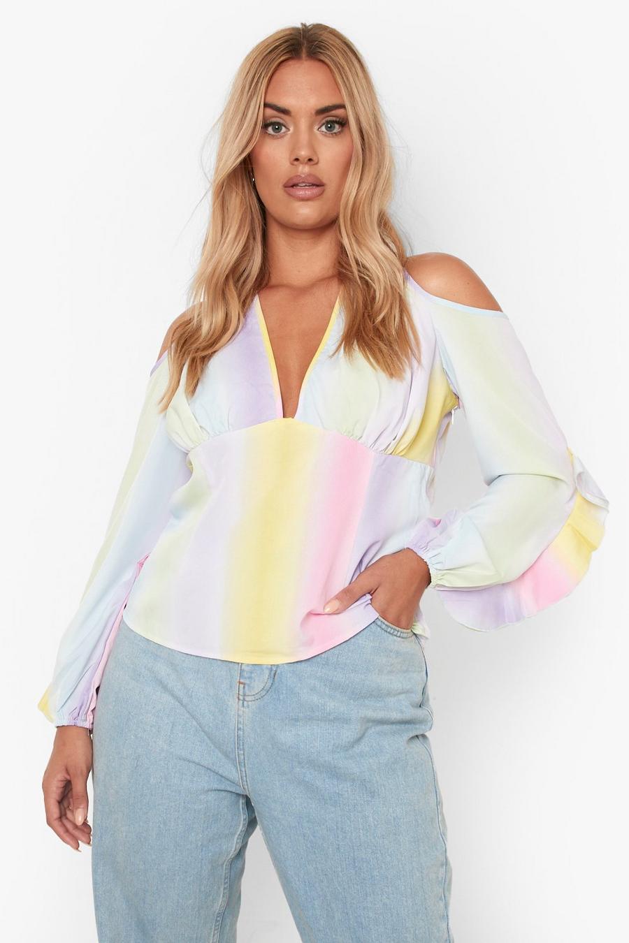 Multi Plus Ombre Ruffle Cold Shoulder Blouse image number 1