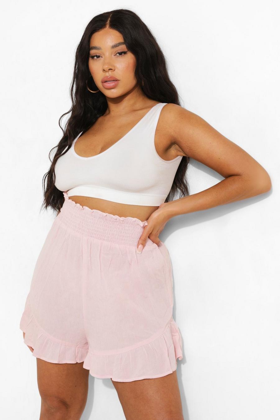 Blush pink Plus Cheesecloth Ruffle Flowy Shorts image number 1
