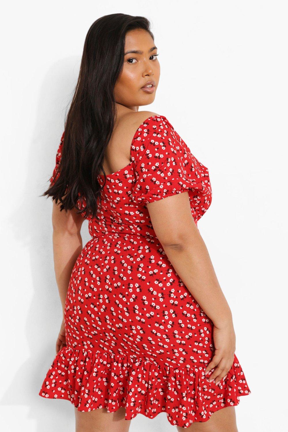 Red ditsy print bardot best sale frill hem skater dress