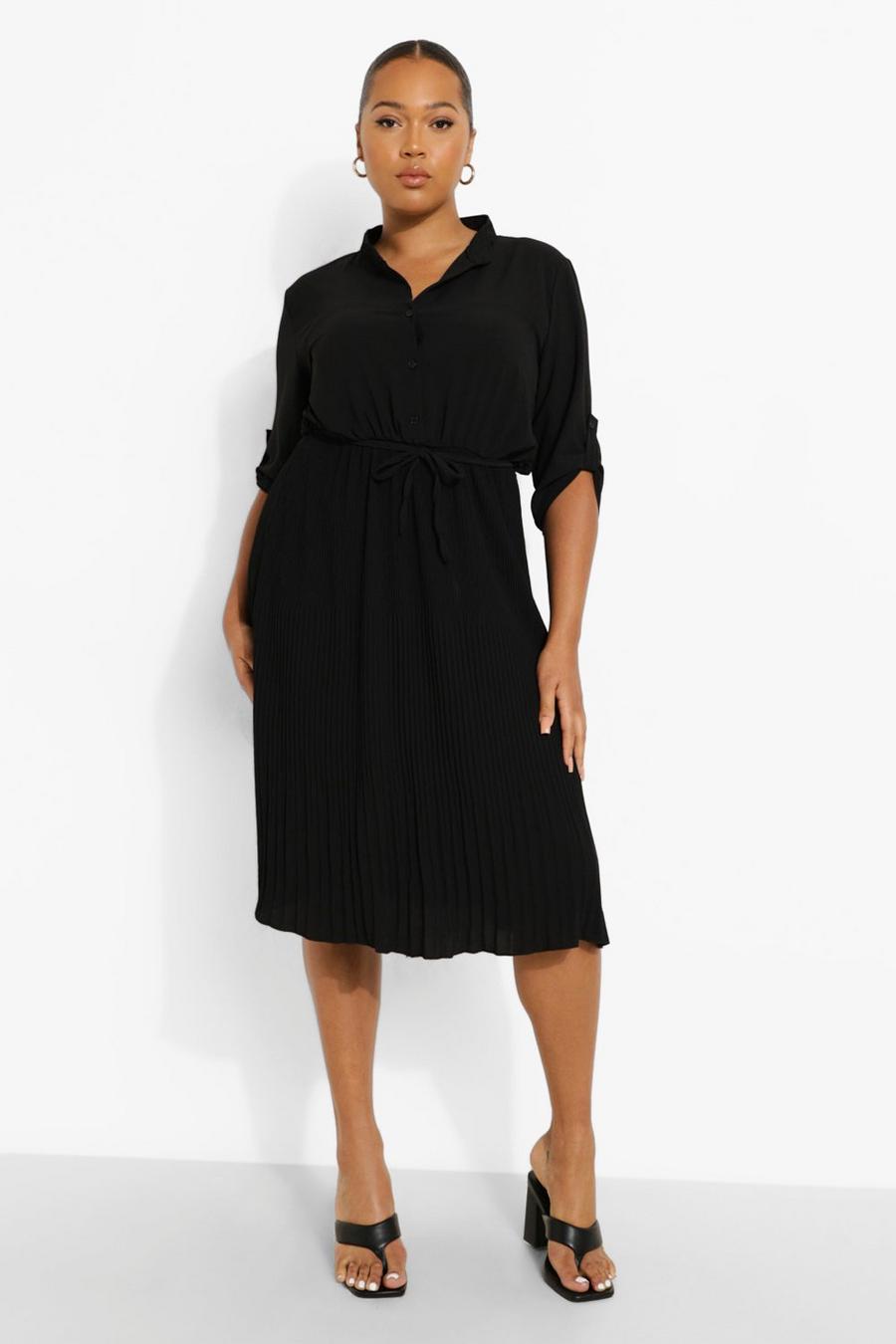 Plus Midi-Hemd-Kleid mit Falten und Schnürdetail, Black image number 1