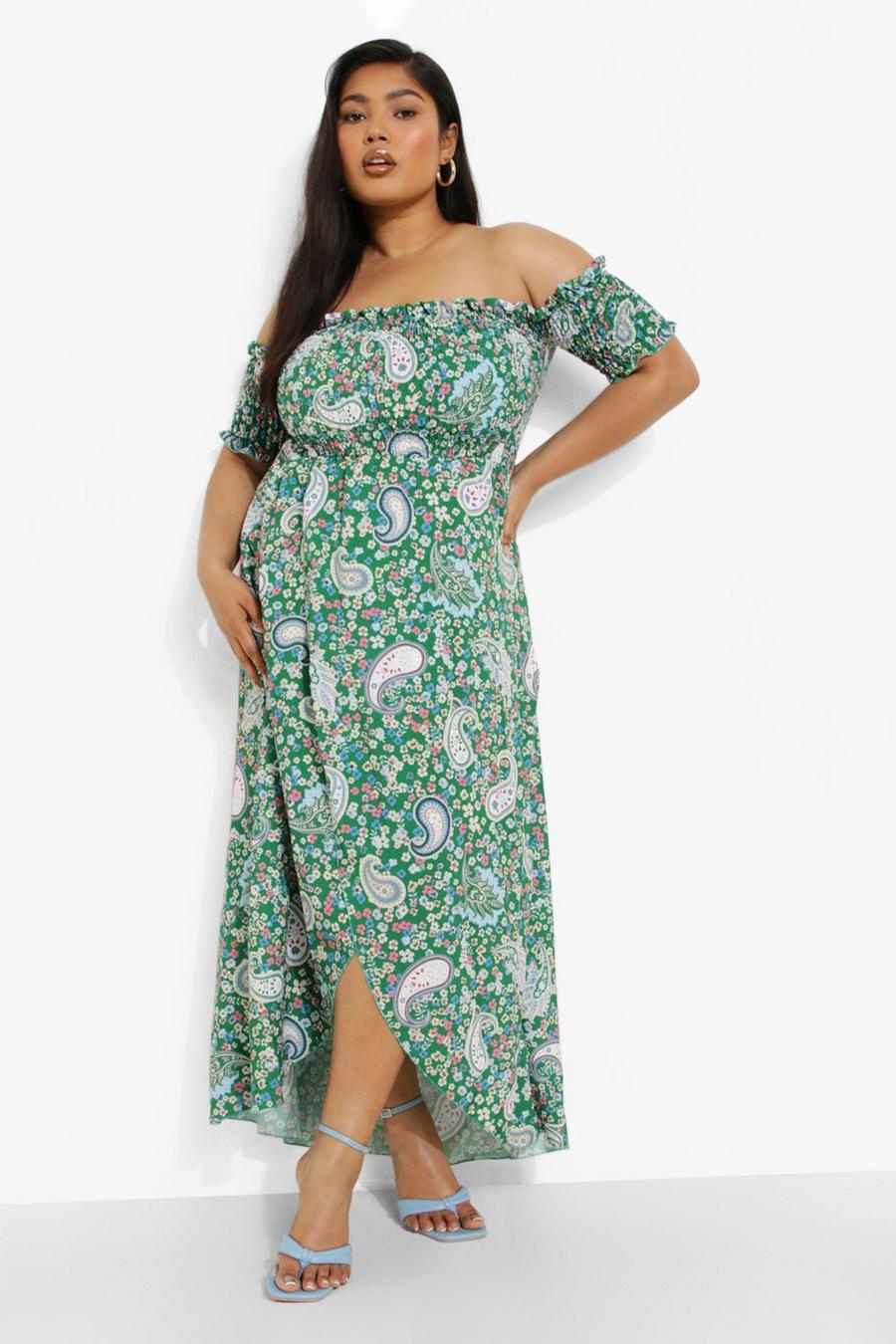 Green Plus Paisley Print Off Shoulder Maxi Dress image number 1