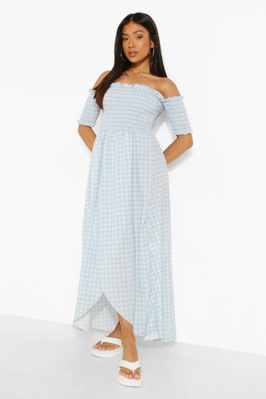 Blue Petite Gingham Shirred Wrap Front Maxi Dress image number 1