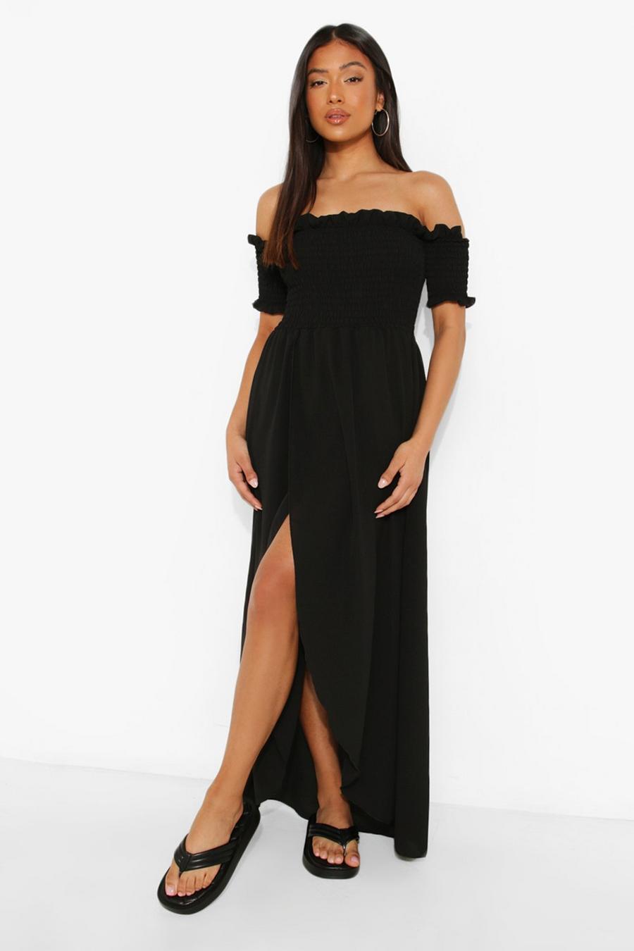 Black Petite Shirred Wrap Front Maxi Dress