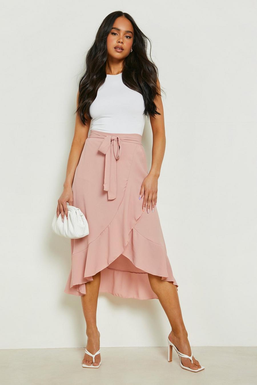 Blush pink Petite Tie Front Ruffle Midaxi Skirt