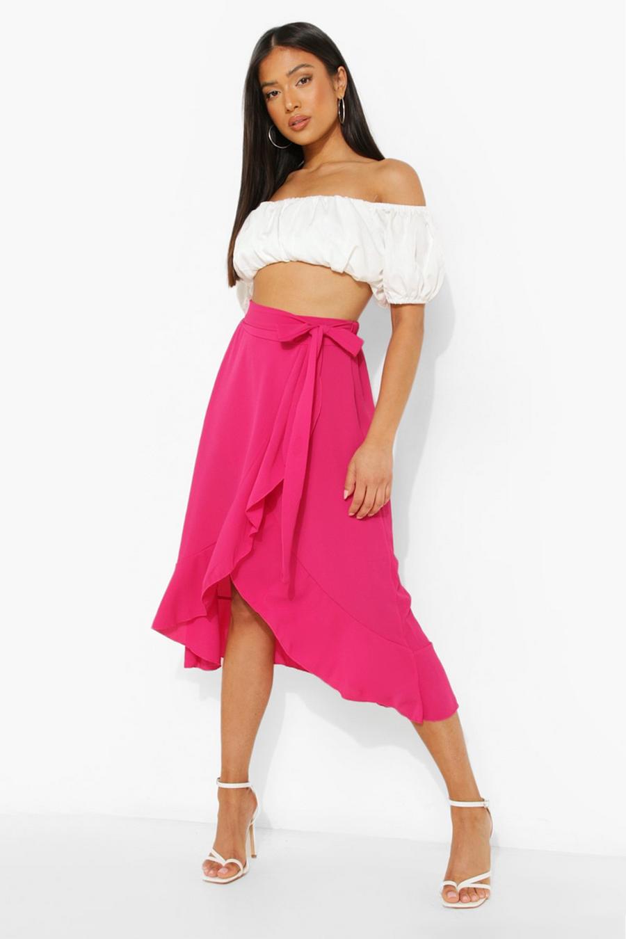 Hot pink Petite Tie Front Ruffle Midaxi Skirt