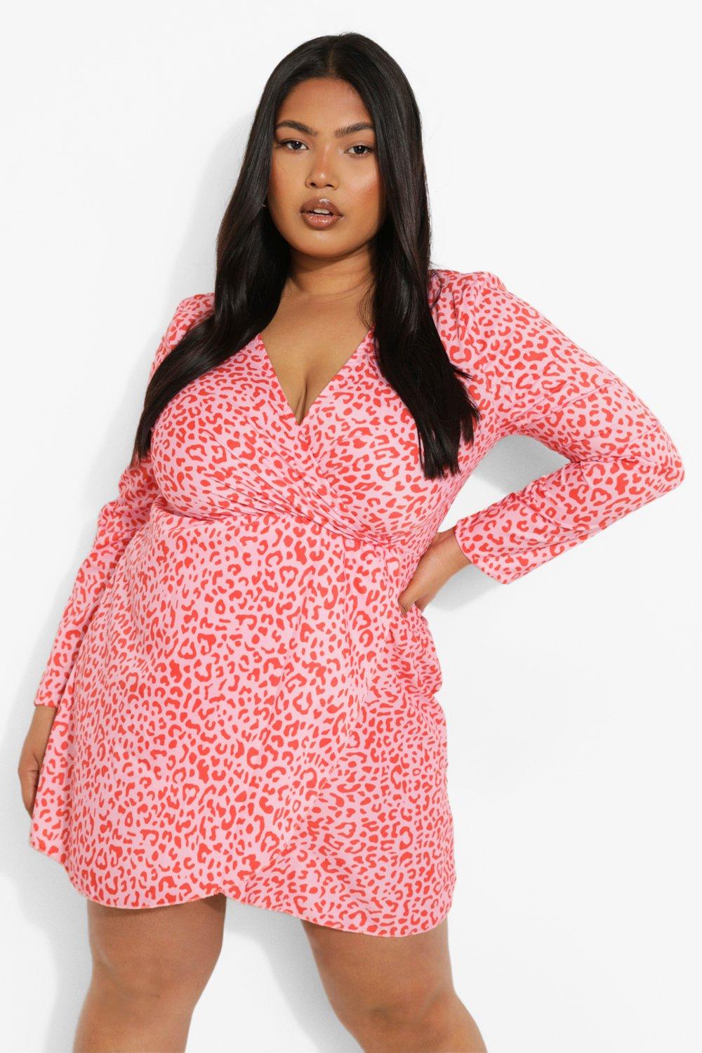 Pink satin leopard print wrap clearance dress