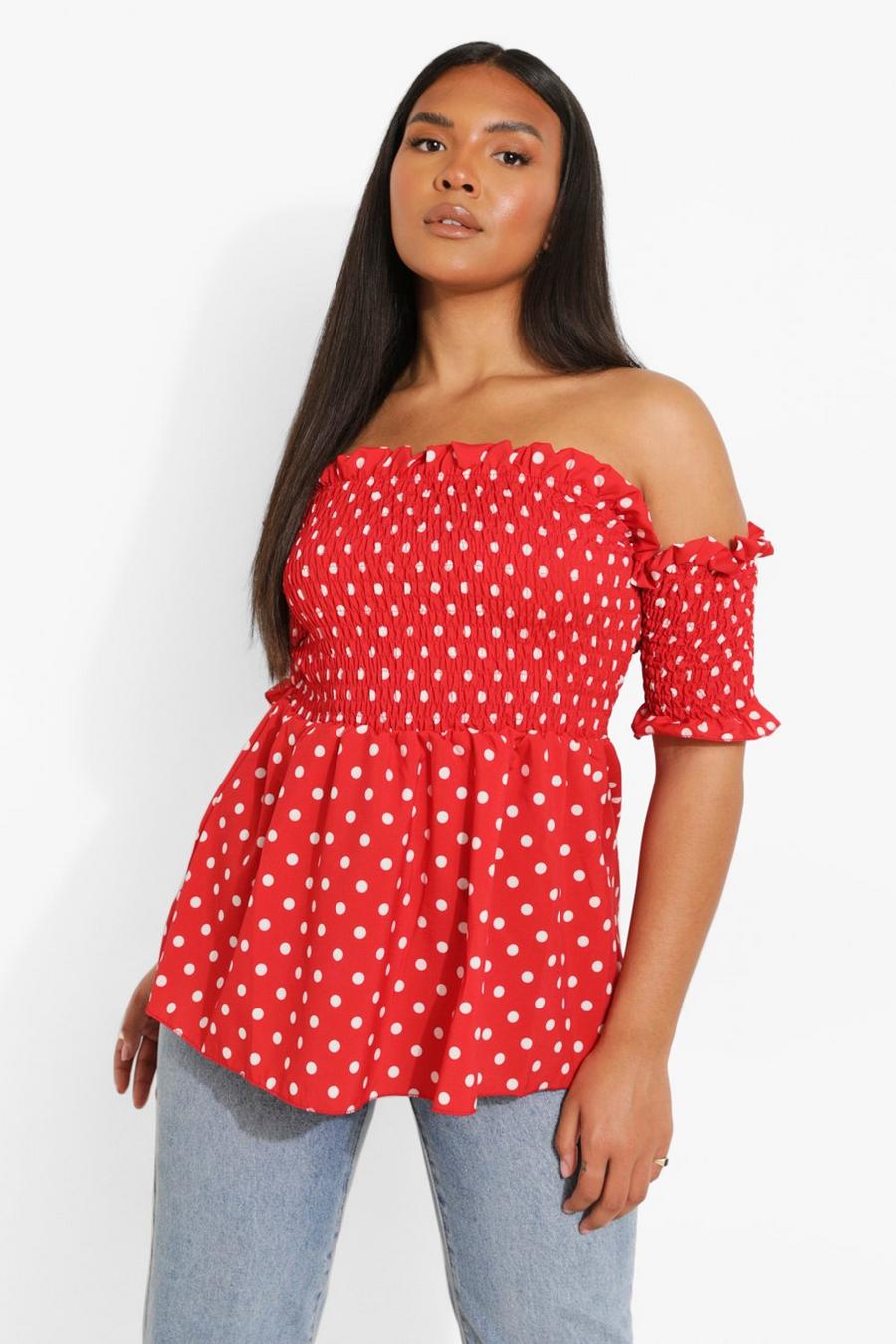 Red Plus Spot Print Off The Shoulder Top
