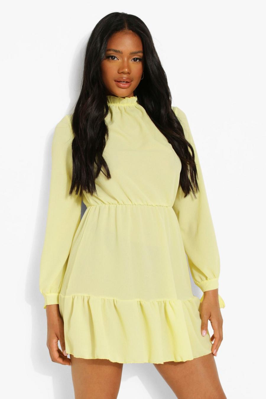Petite hochgeschlossenes Smok-Kleid mit langen Ärmeln, Lemon image number 1