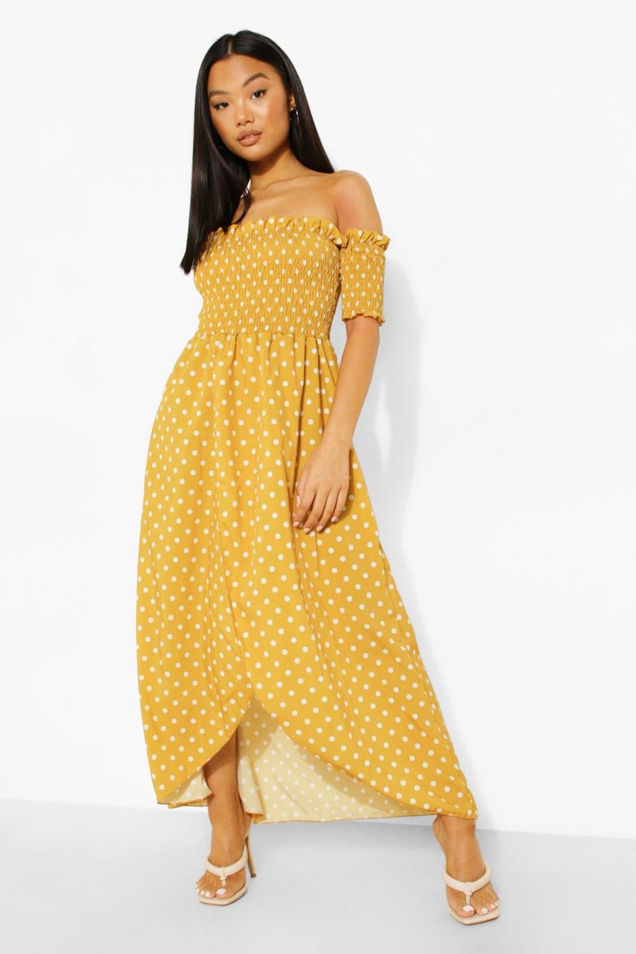 Mustard Petite Spot Shirred Wrap Front Maxi Dress image number 1