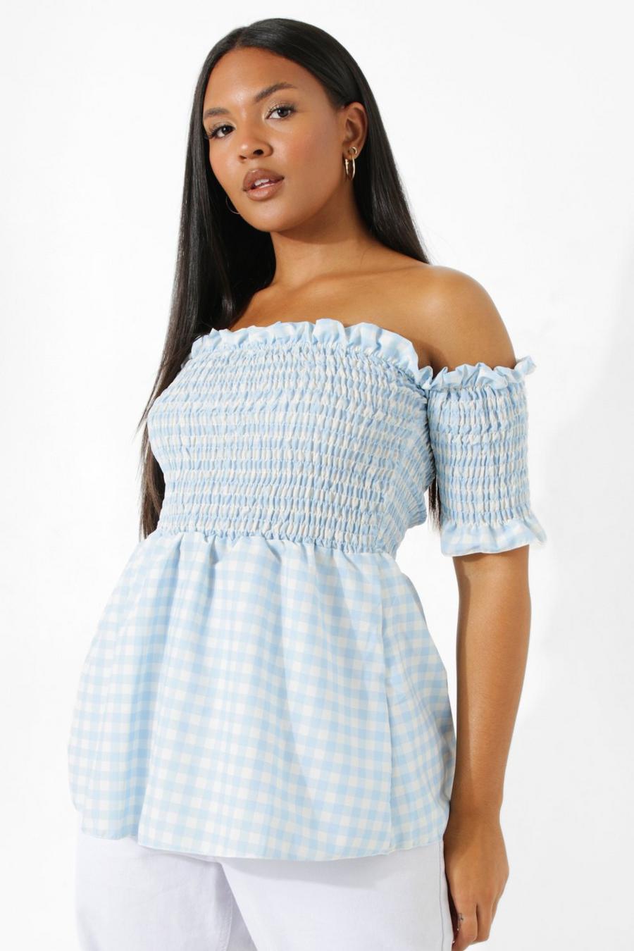 Plus schulterfreie Gingham Bluse, Blue image number 1