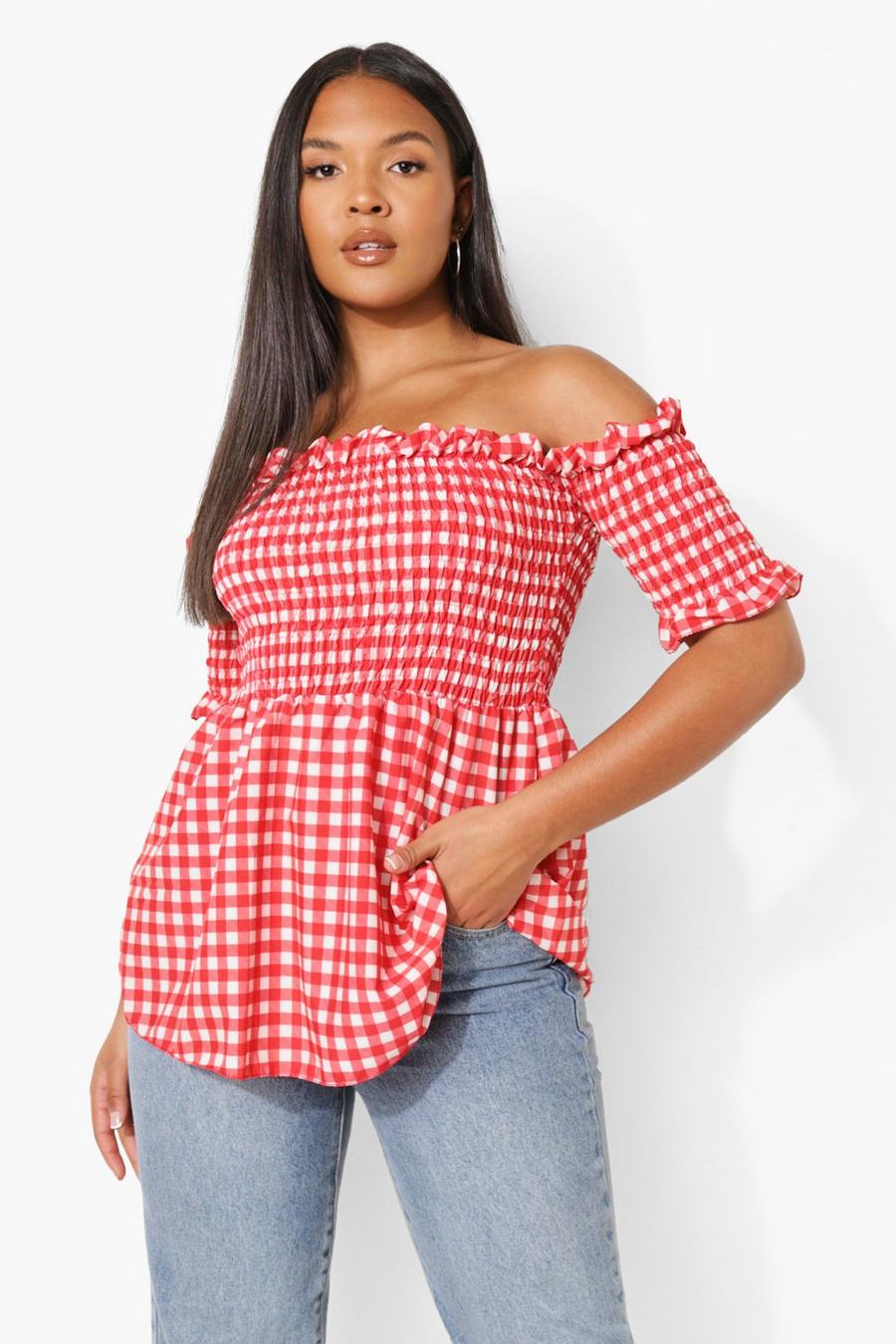 Red Plus Gingham Print Off The Shoulder Top