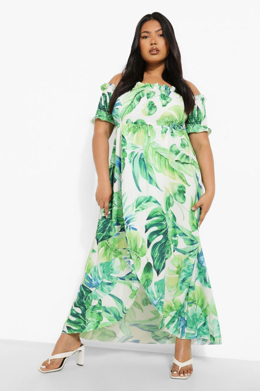 White Plus Palm Print Off Shoulder Maxi Dress image number 1