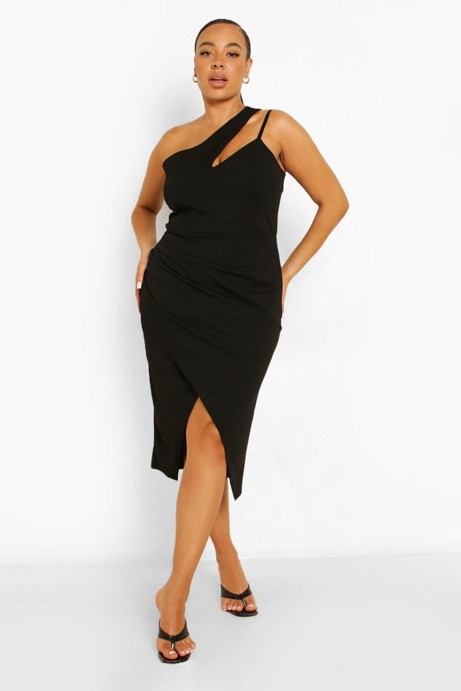 Black Plus One Shoulder Cut Out Wrap Midi Dress image number 1