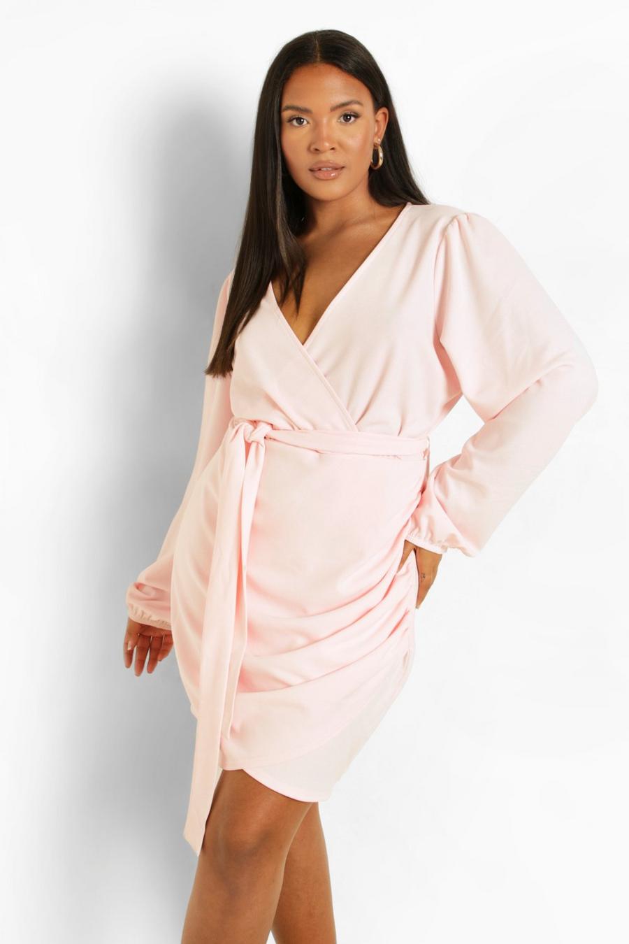 Baby pink Plus Wrap Long Sleeve Belted Dress
